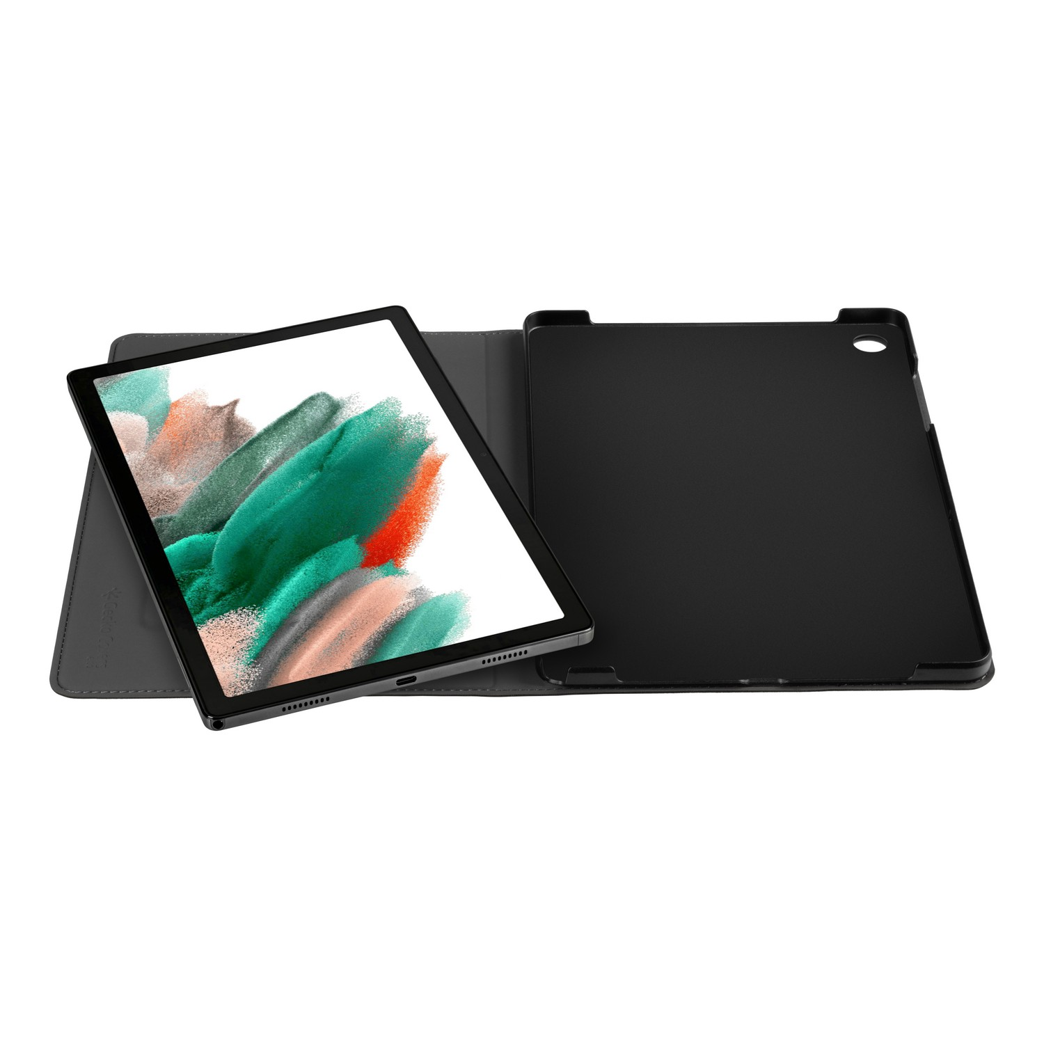 Tablet in a case, open. The screen displays an image, the case is black and gray.