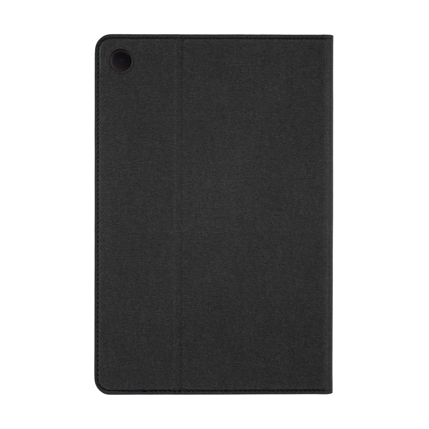 A black tablet case, closed with a button, on a white background.