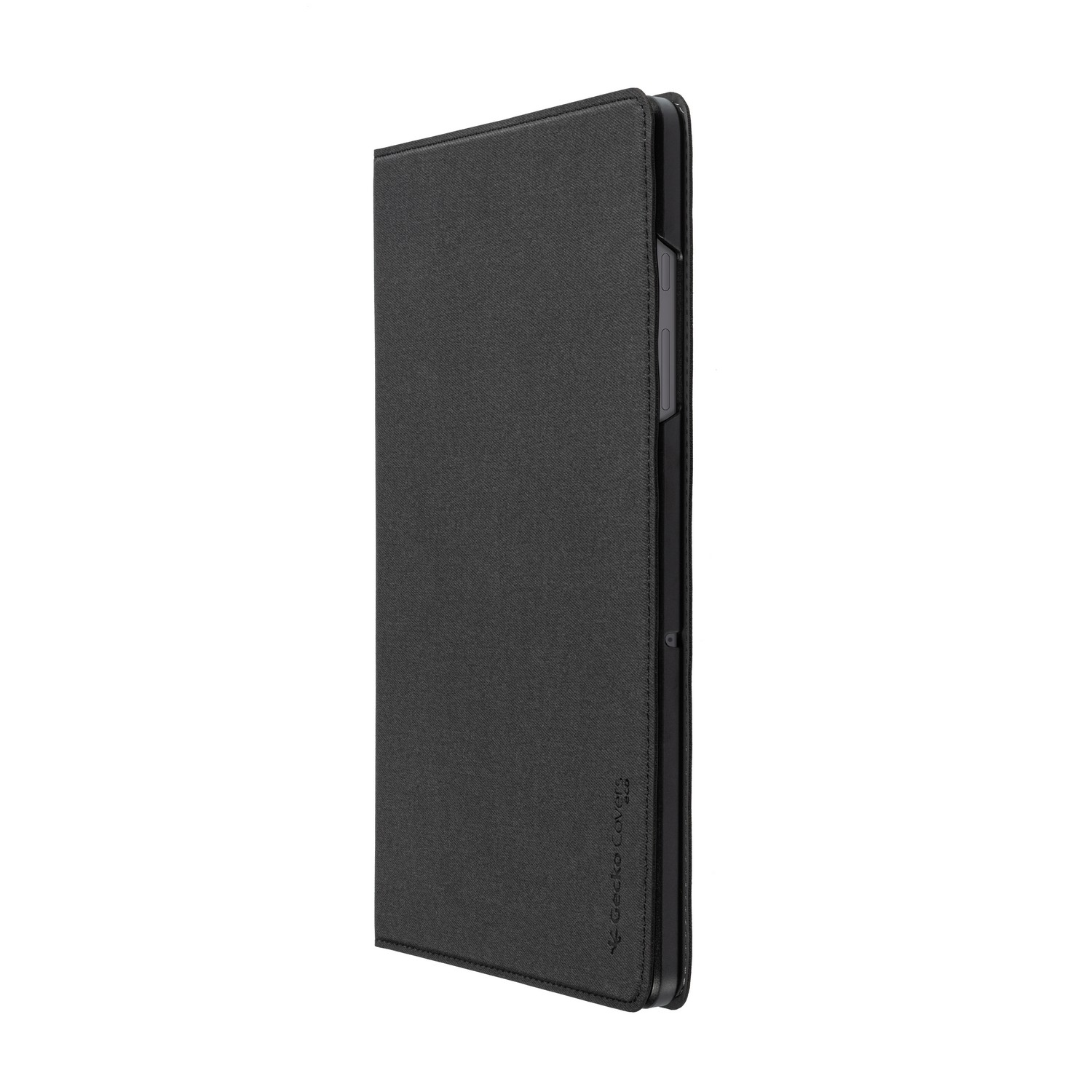 Black tablet case closed. It has a textured surface and a dark gray edge, standing upright.