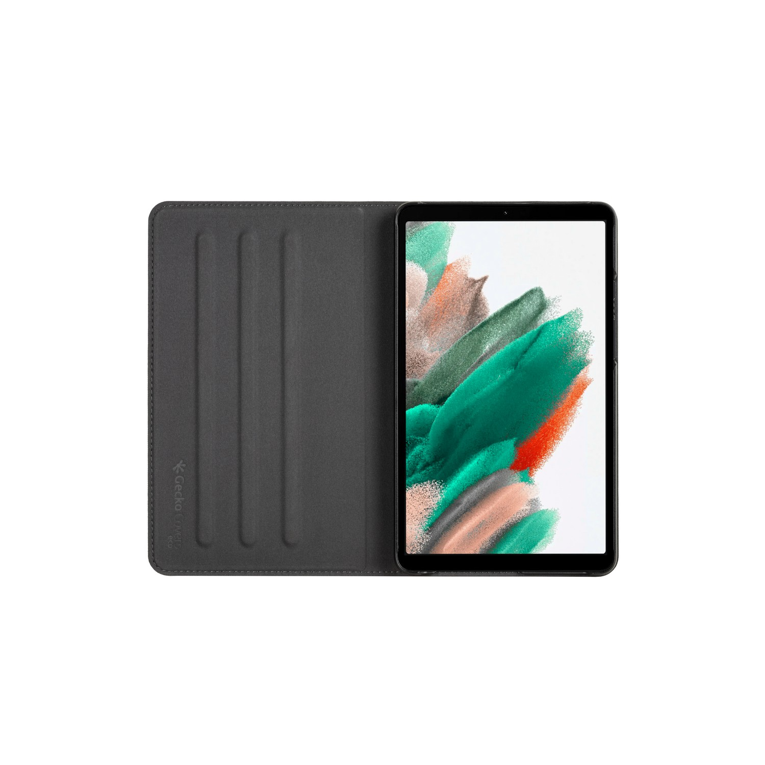 Black tablet with open gray case. Tablet shows abstract green, orange and white paint strokes.
