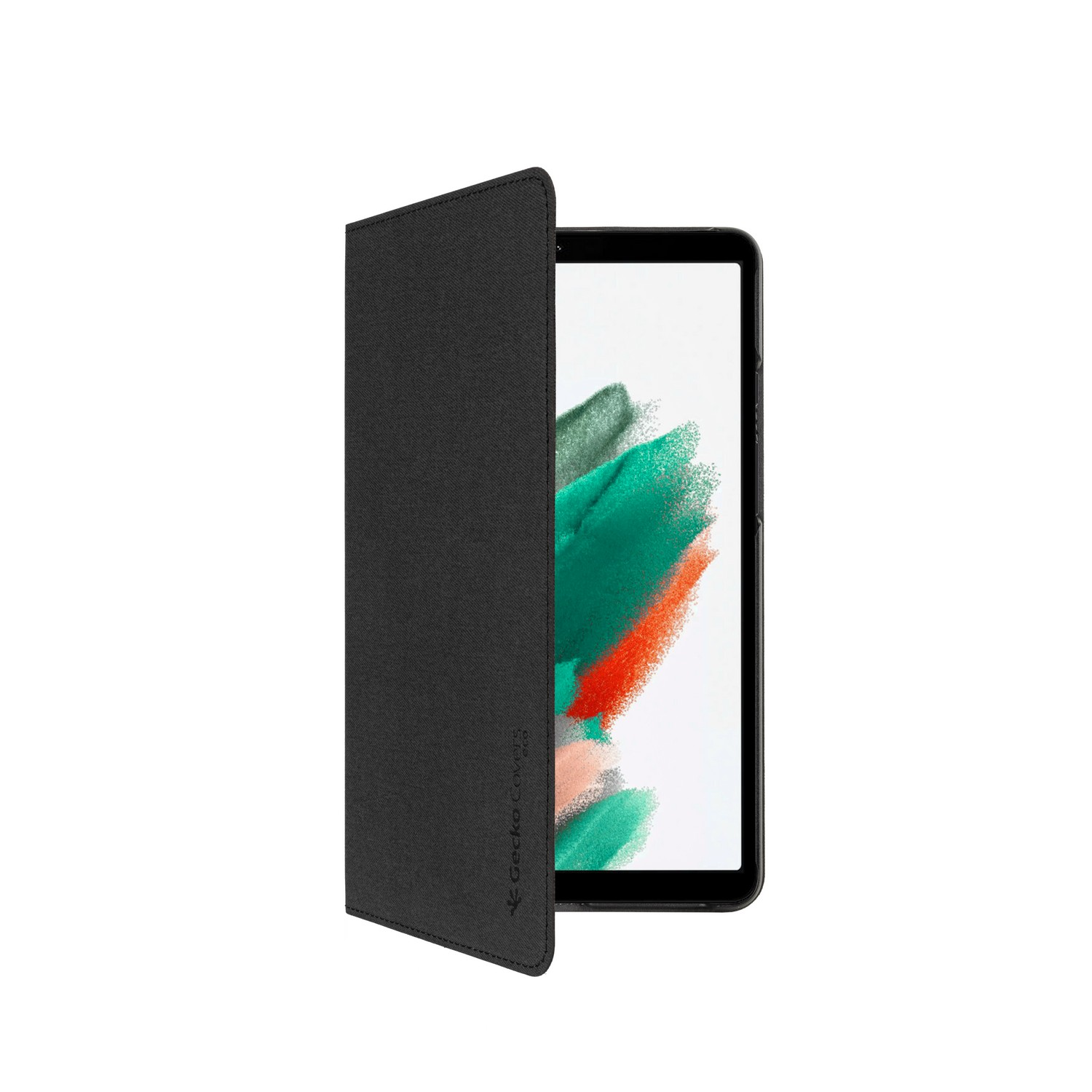Black tablet with black cover partially open. Display shows colorful strokes on white. White background.