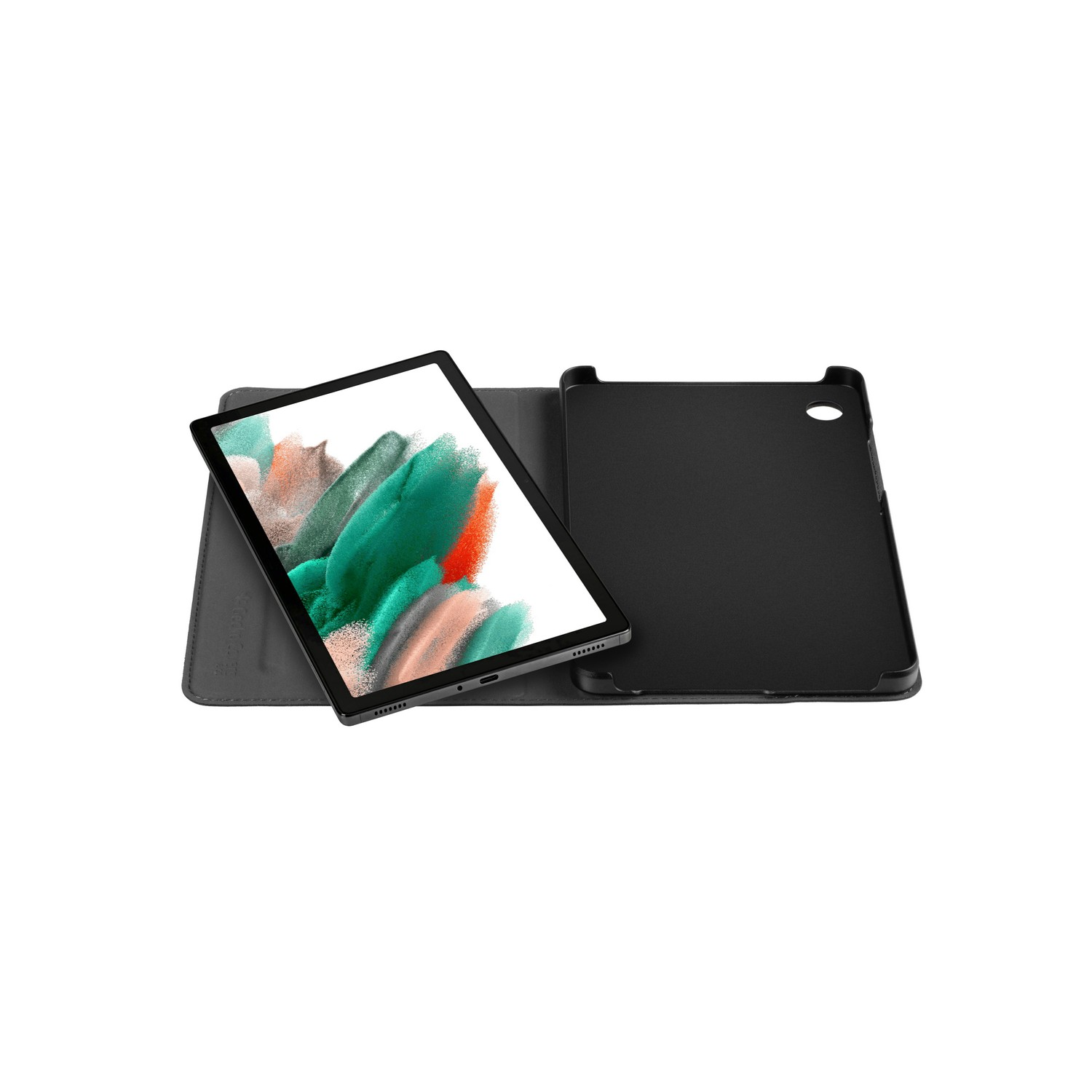Tablet device in a case, open, displaying a colorful image on the screen.