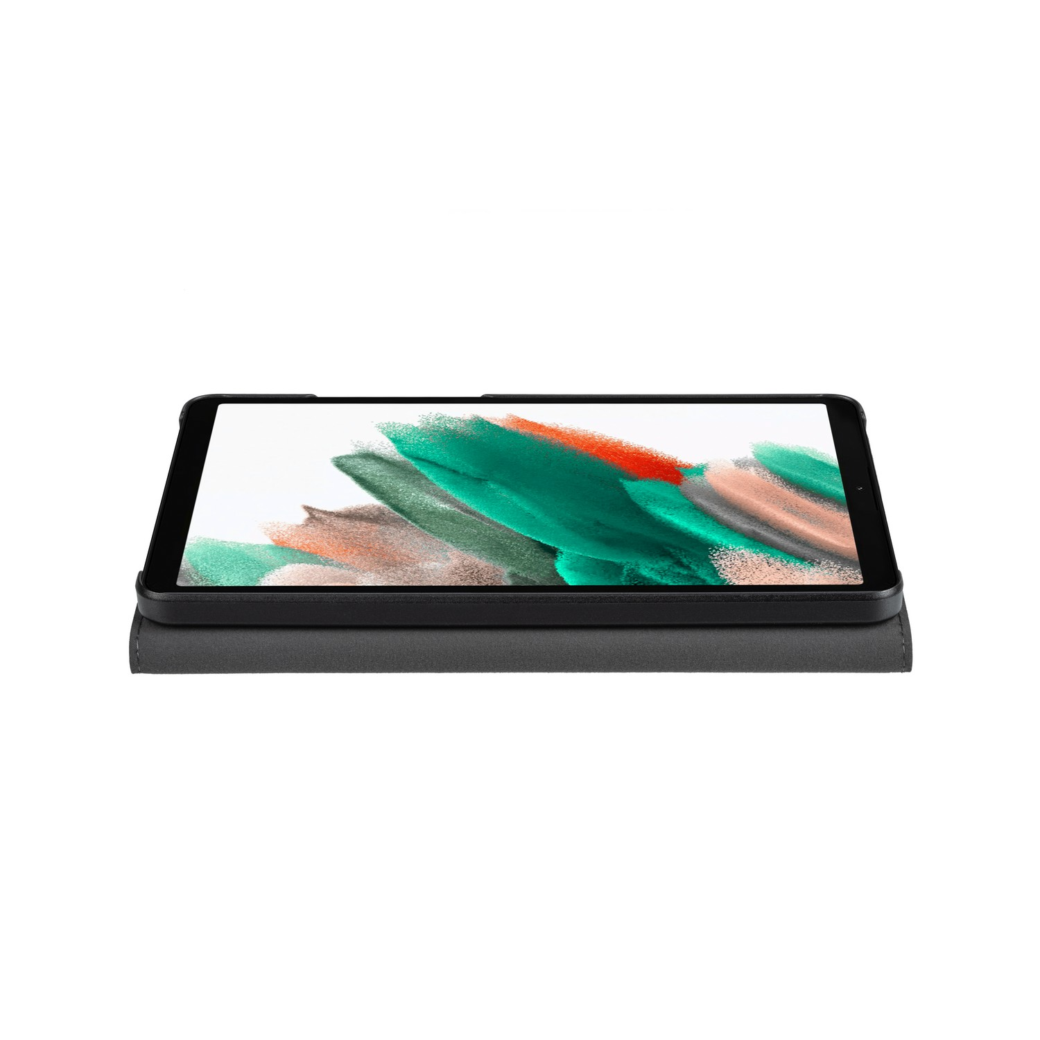 A tablet on a dark gray case, with a colorful abstract image.