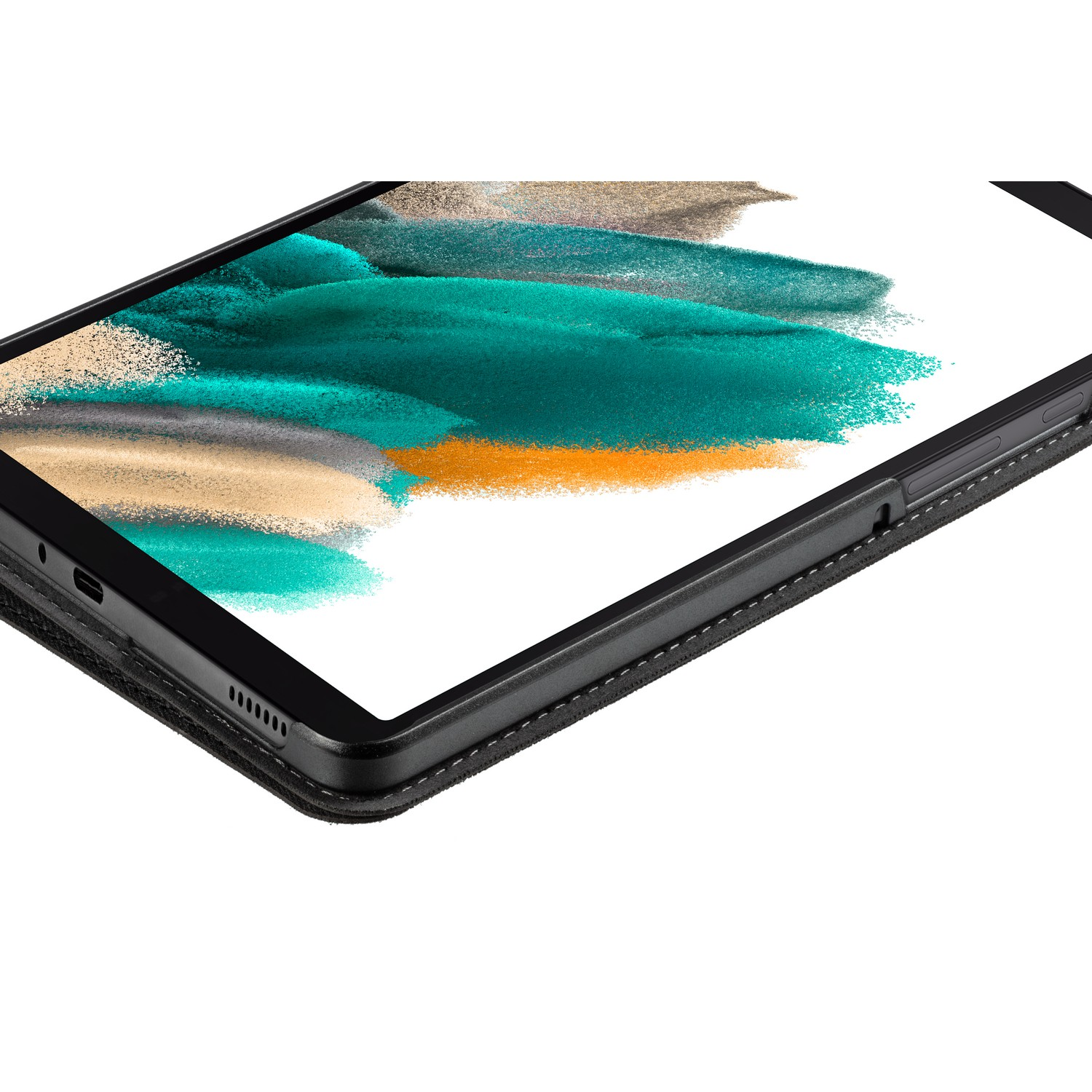 Tablet close-up, black frame, with colorful abstract background on the screen.