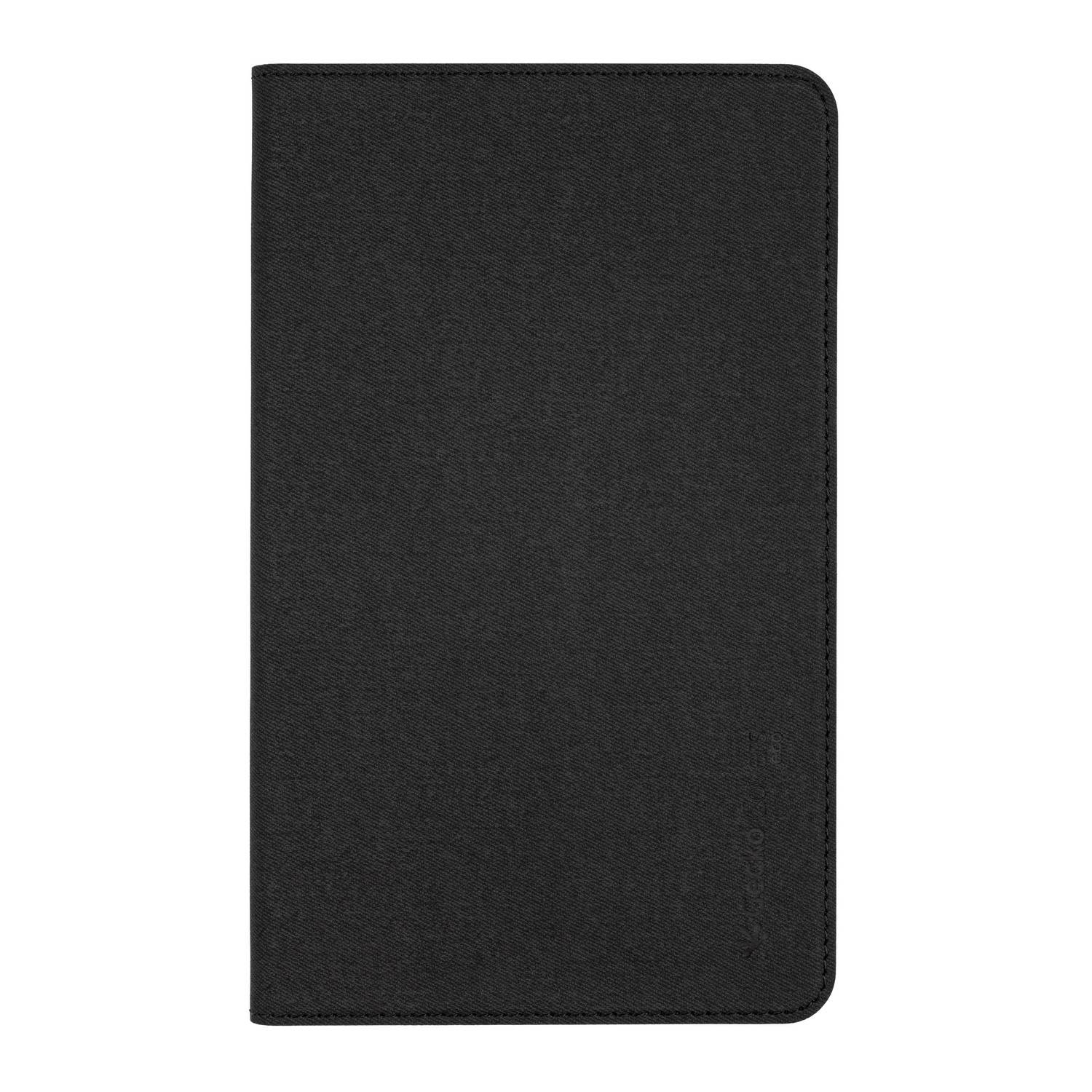 A black, closed tablet case with a textured surface.