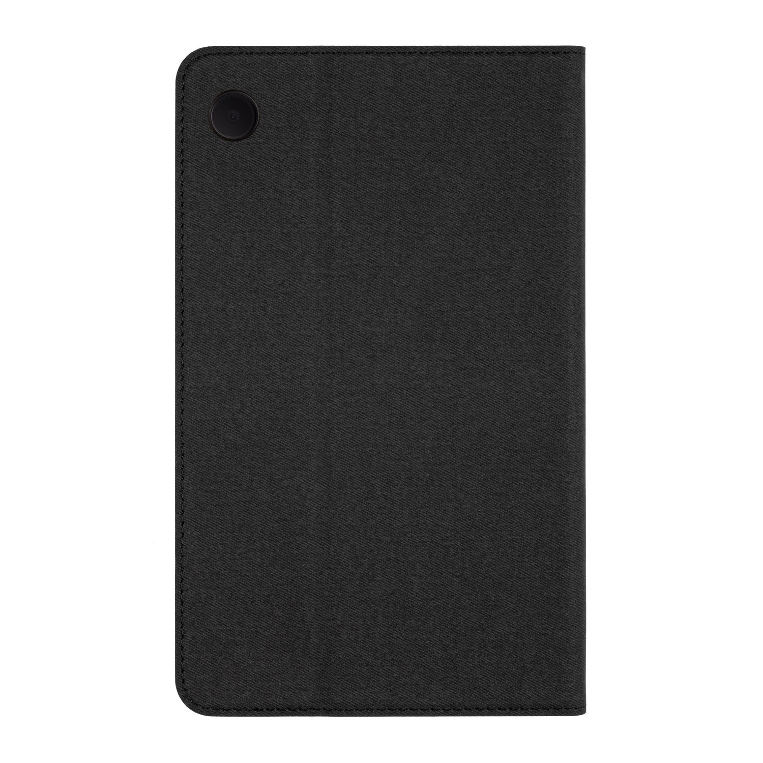 A black, rectangular tablet cover with a single, circular button on the top left.