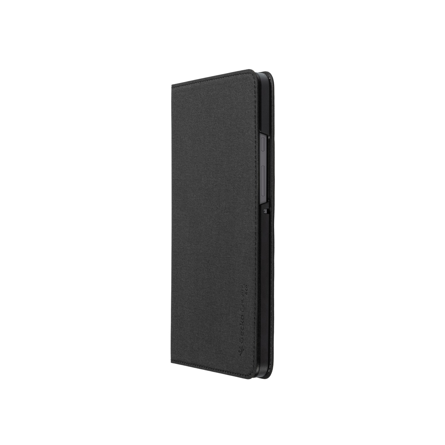 A black leather case, with a grey texture, standing on a white background.