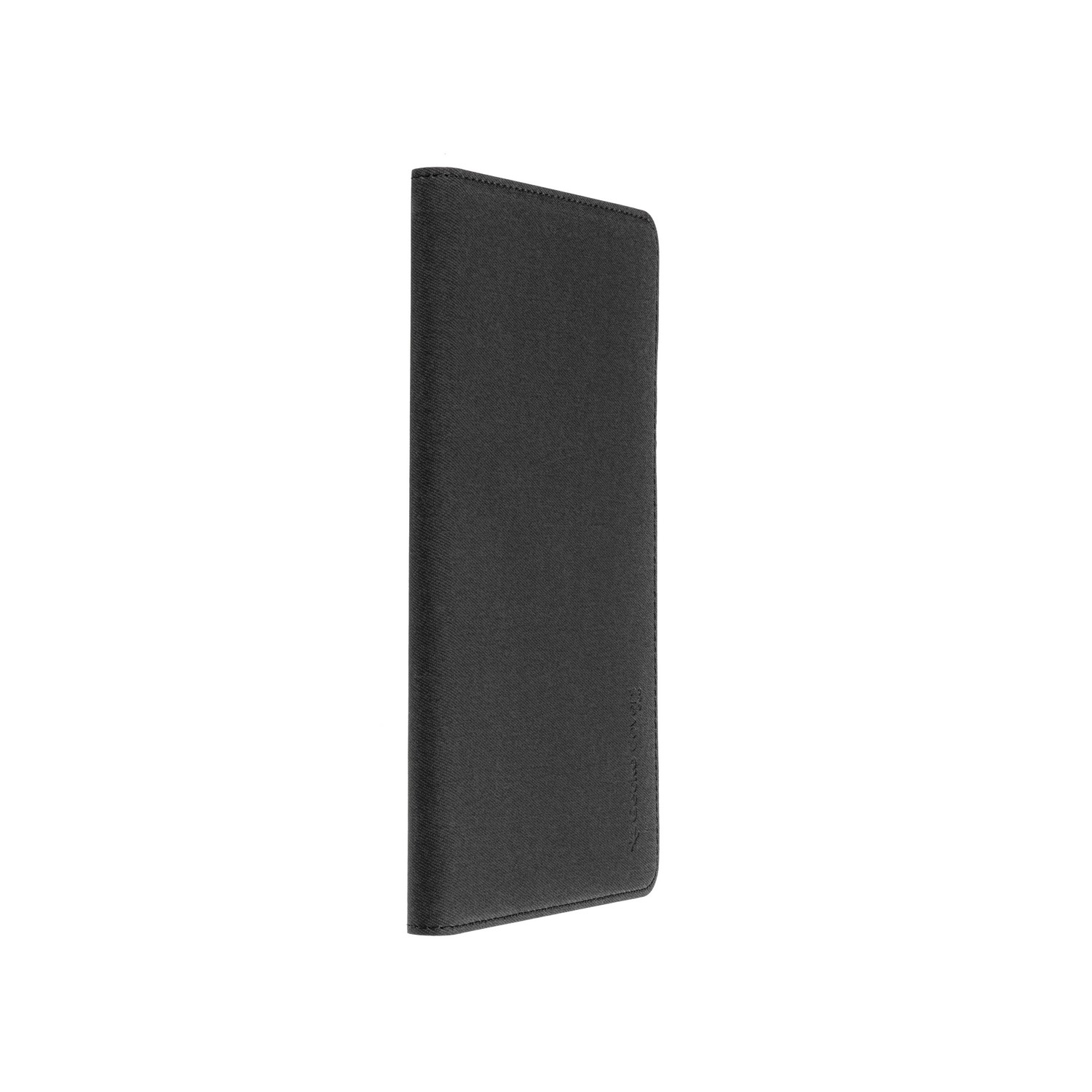A closed black phone case on a white background.