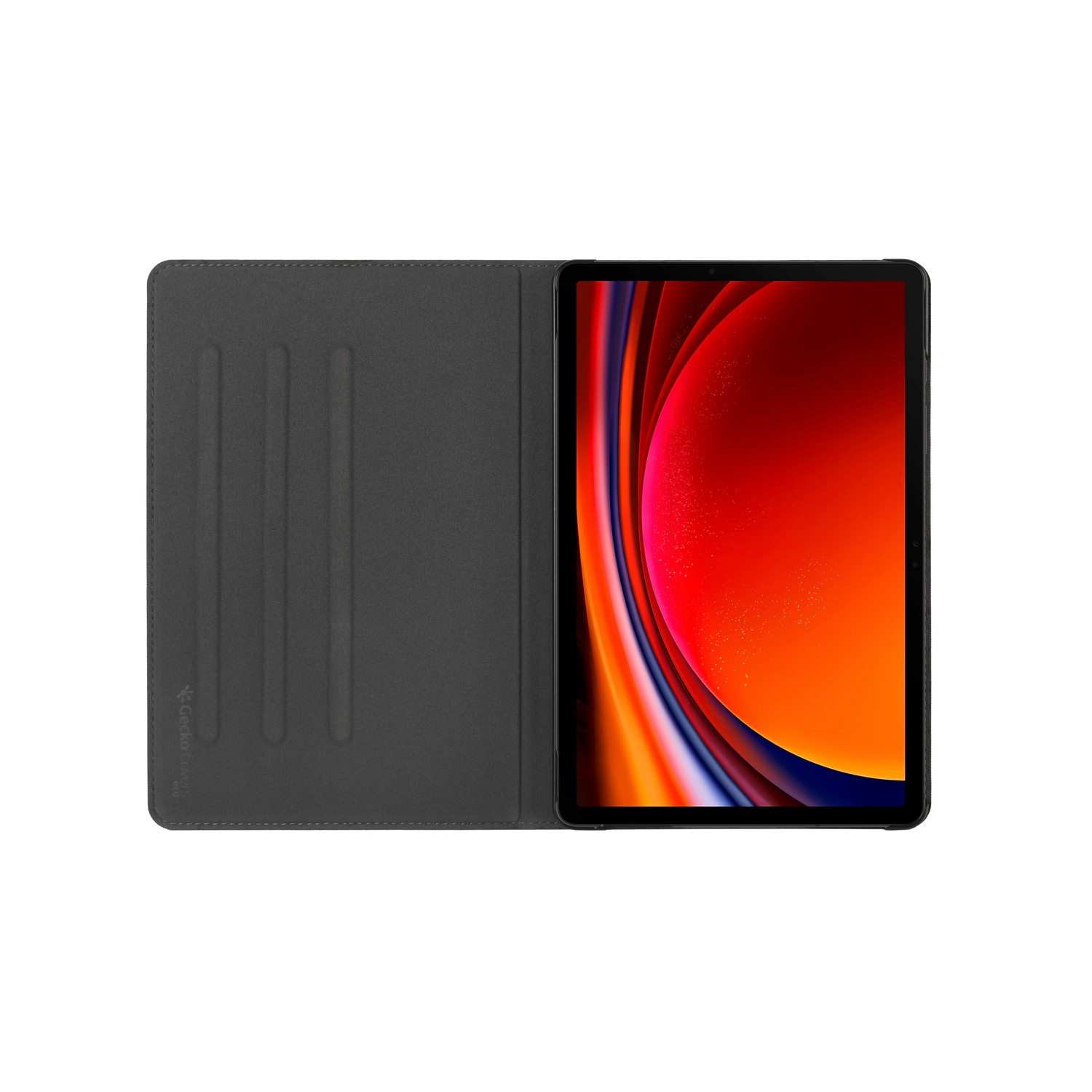 A gray tablet is open in a dark gray case. The screen shows an abstract red and orange design.