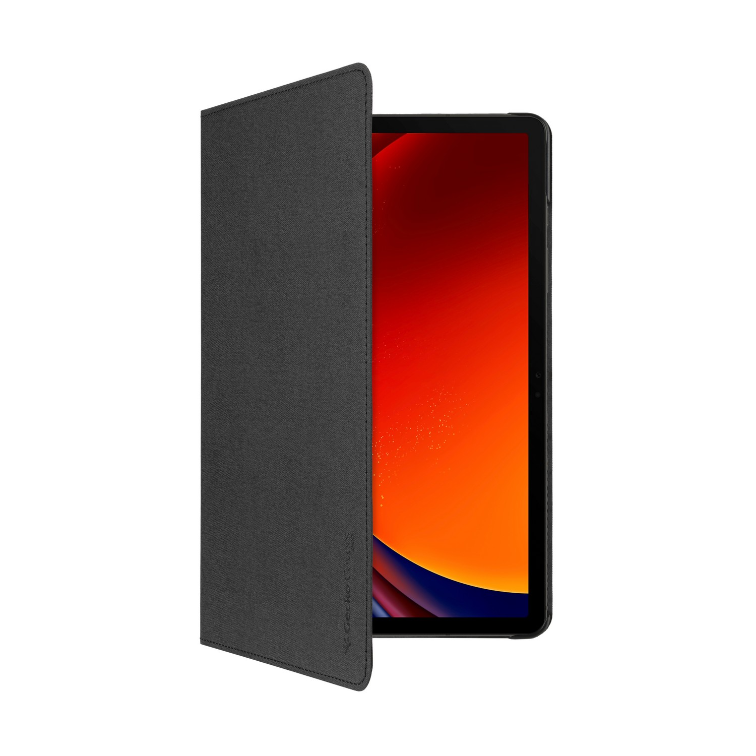 Tablet in a dark gray case, with the case open revealing the screen.