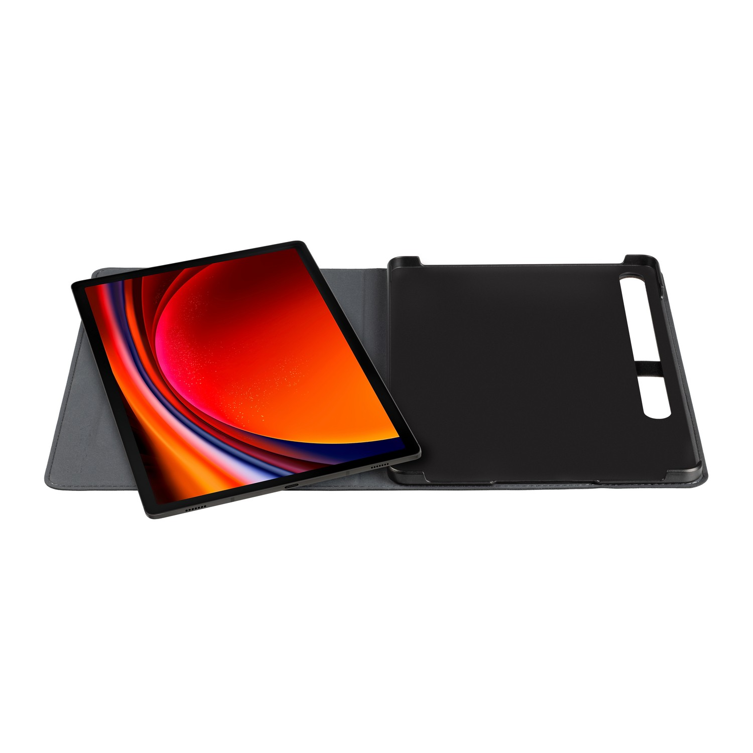 Tablet in a case, tilted up. Screen displays red and orange colors, black background.