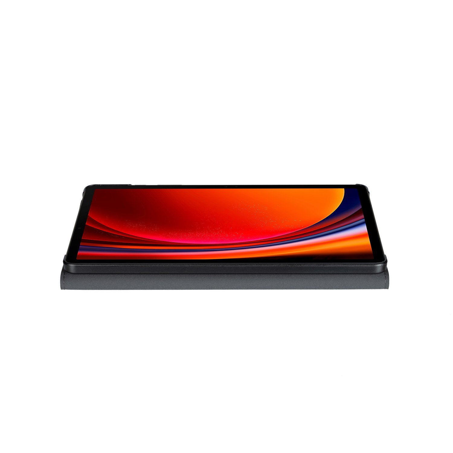A tablet on a flat surface. It has a black bezel and a display showing a colorful, abstract image.