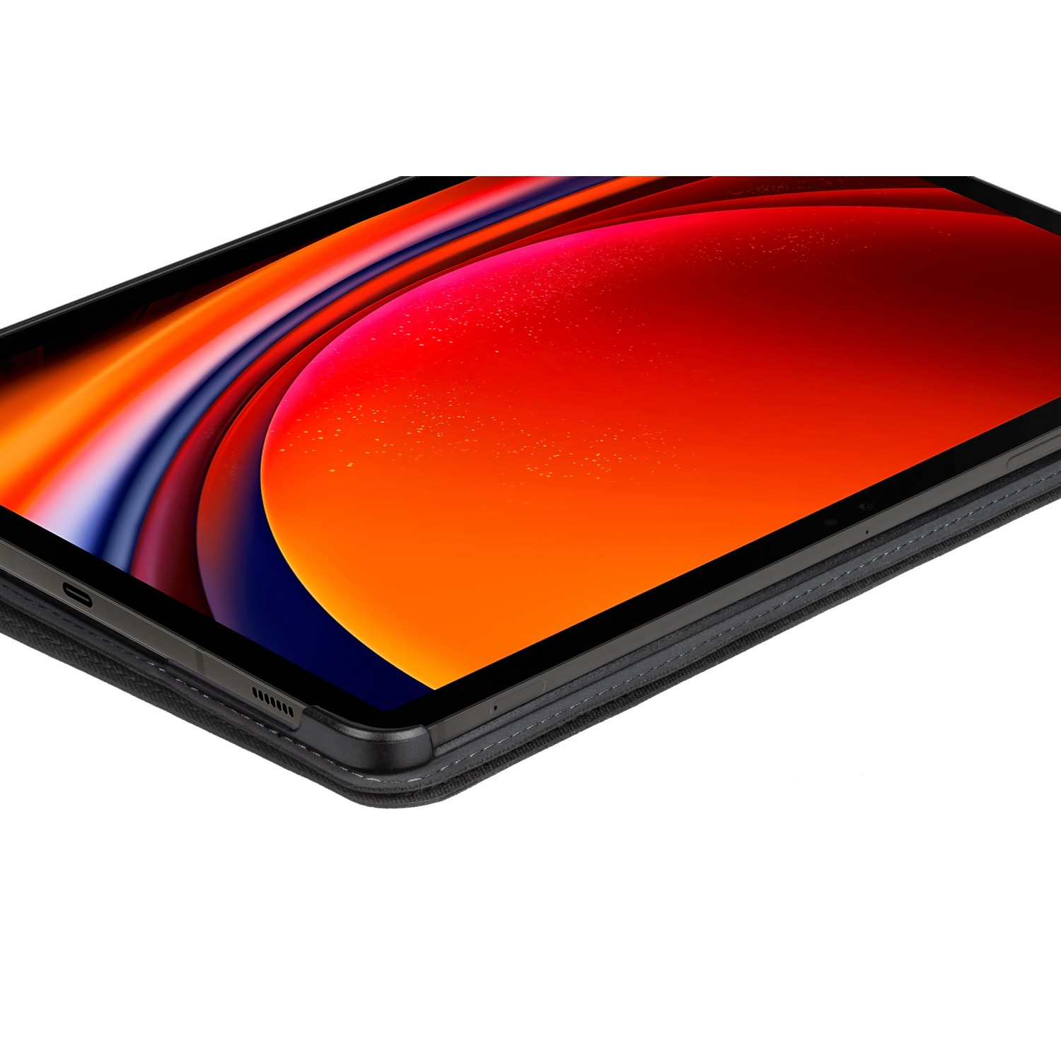 Black tablet with a red and orange gradient screen, a black border, on white.