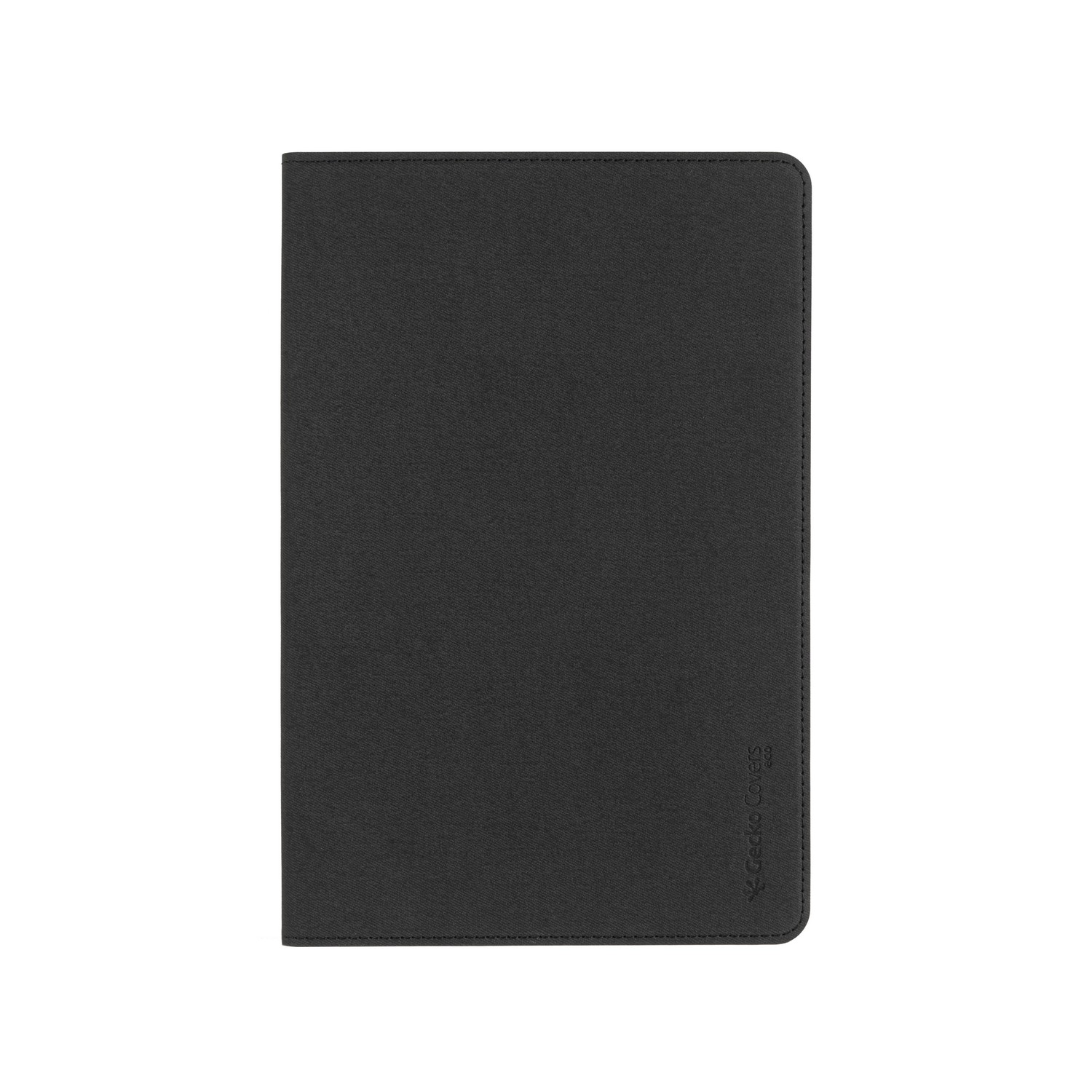 A black tablet case. The case is closed with a textured surface and a small logo on the bottom right.