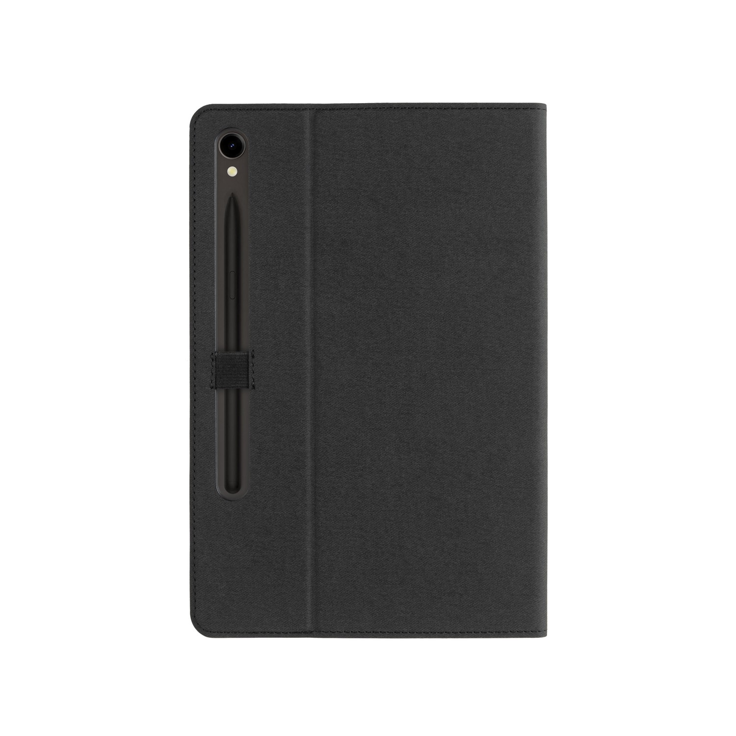 A black tablet case with a pen holder and camera cutout, set against a white backdrop.