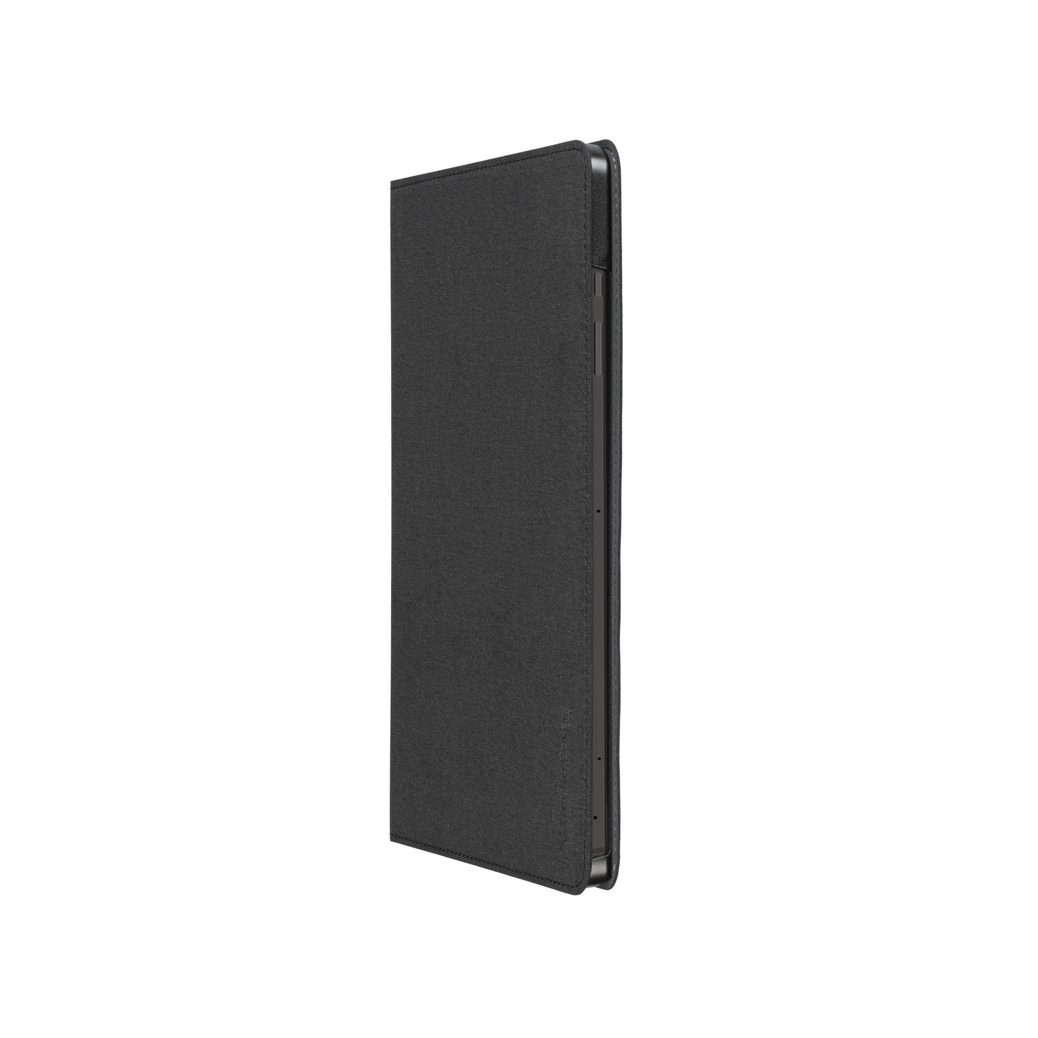 A dark grey tablet case. The case is closed, and the side is visible. It is on a white background.
