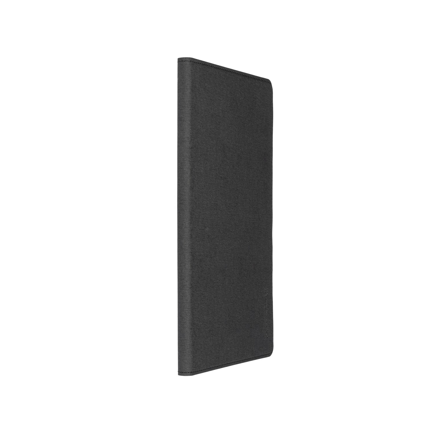 A black, closed notebook or tablet case, with a textured surface, on a white backdrop.