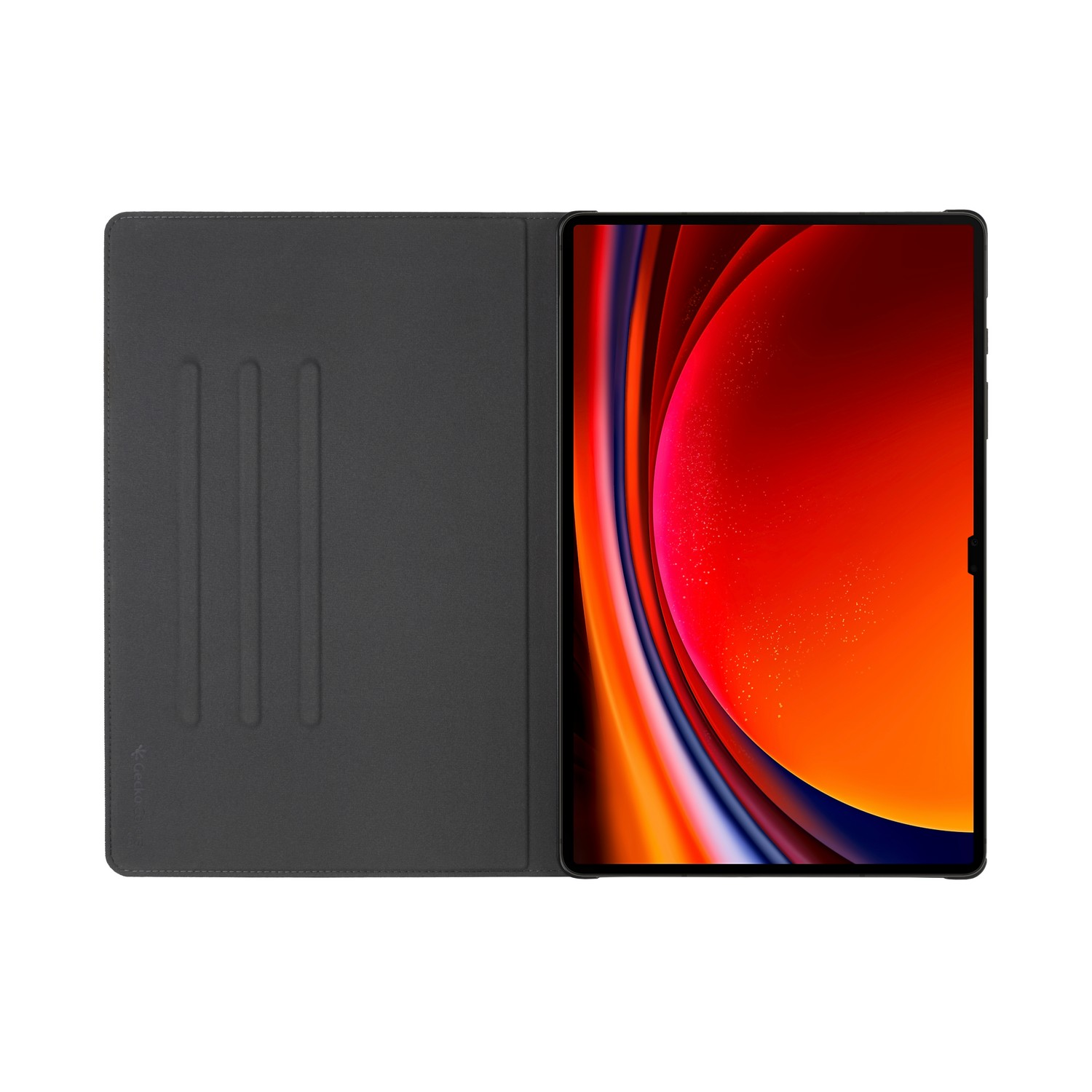 Tablet in a dark gray case, opened to reveal a vibrant red and orange screen.