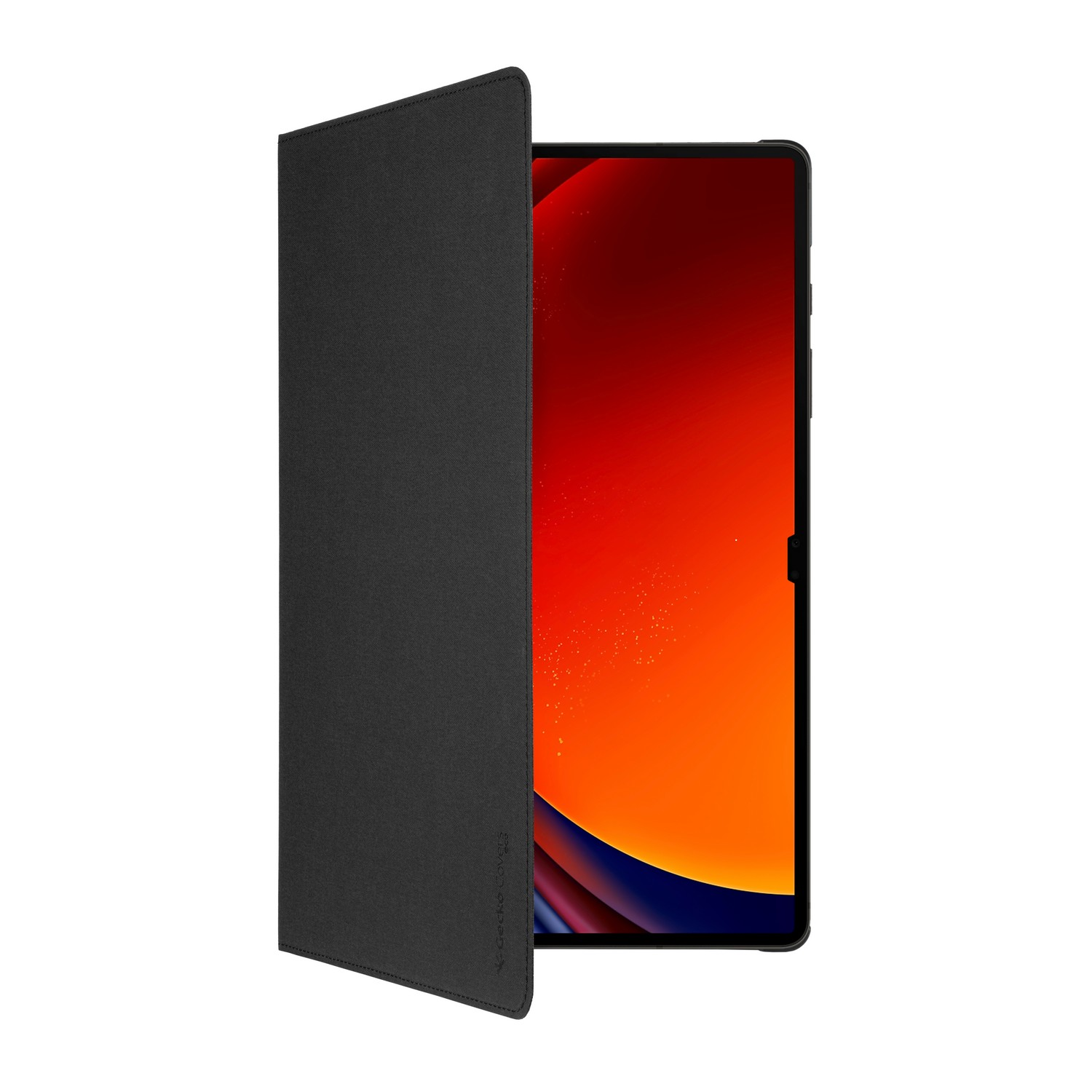 Black tablet case, partially open, revealing a screen with a gradient of red to orange.