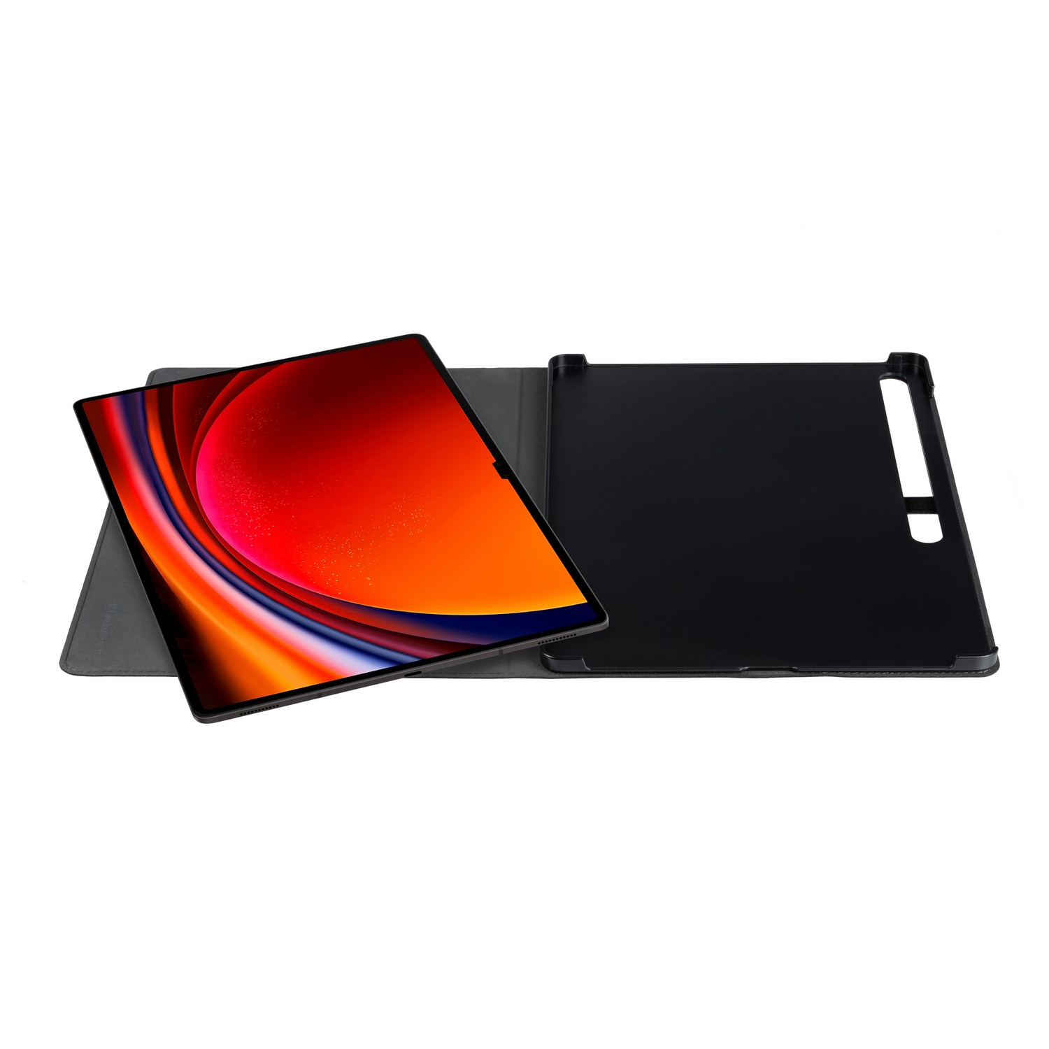 A tablet with a screen and a black cover.