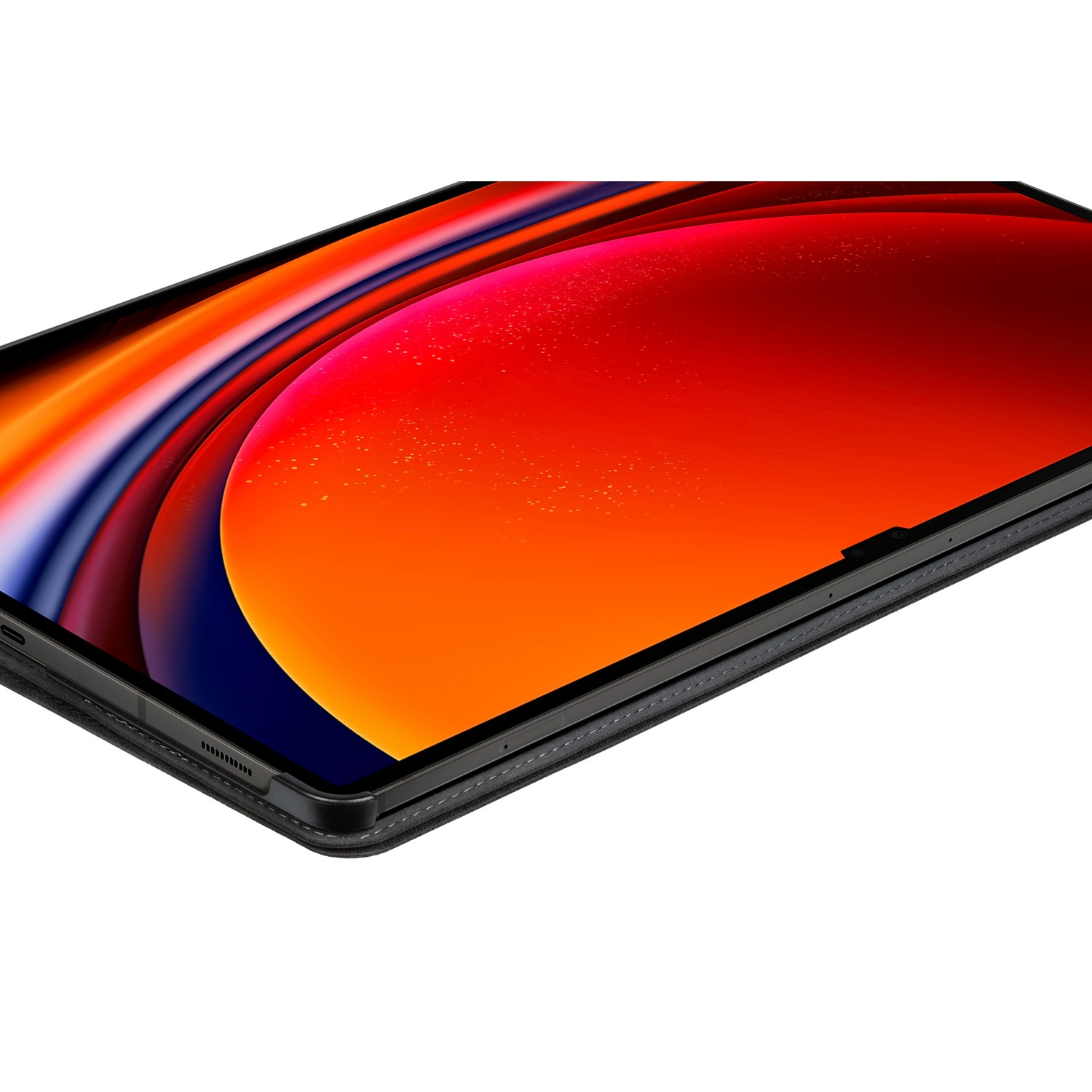 A tablet in a case, showing a vibrant red and orange screen. The case is dark gray.