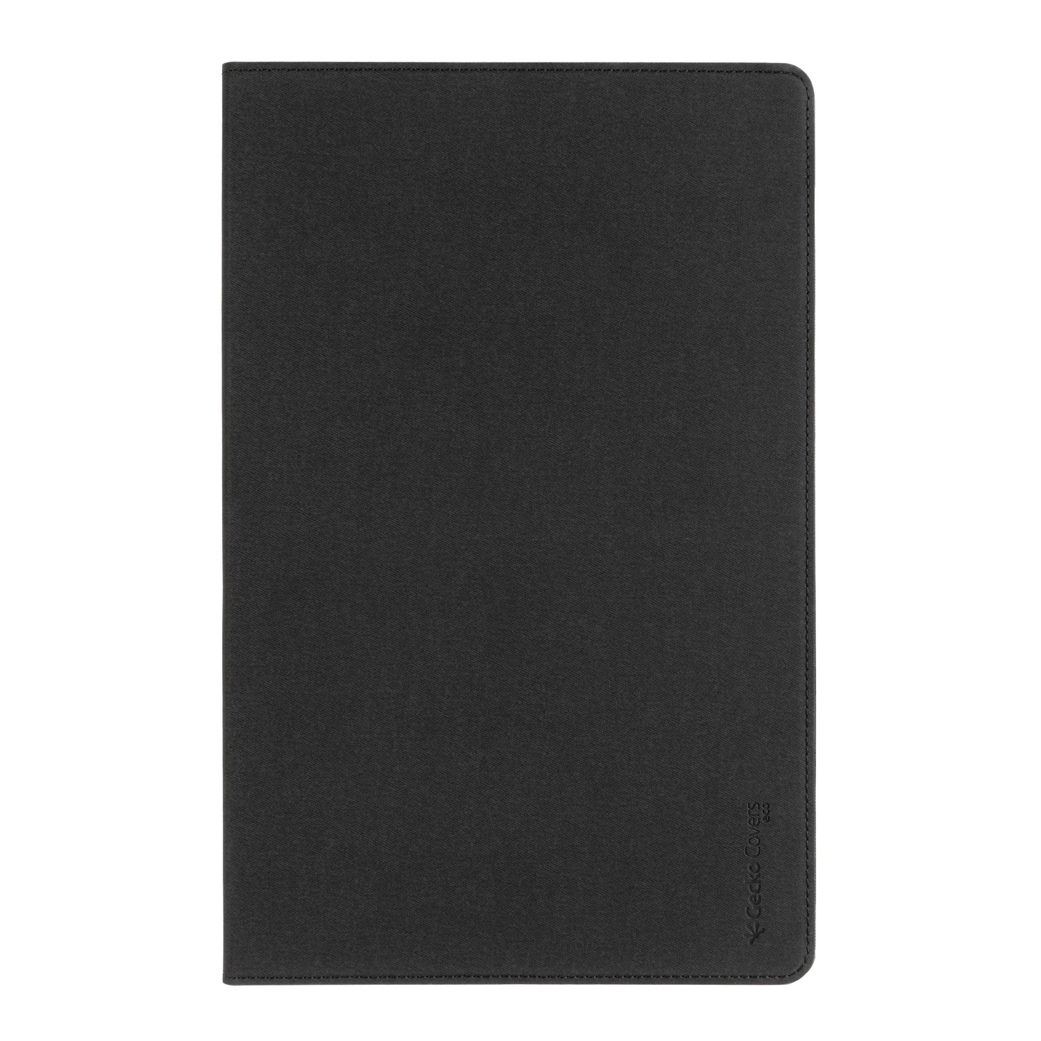 Black tablet case. It is closed. The cover is textured with the Gecko Covers logo.