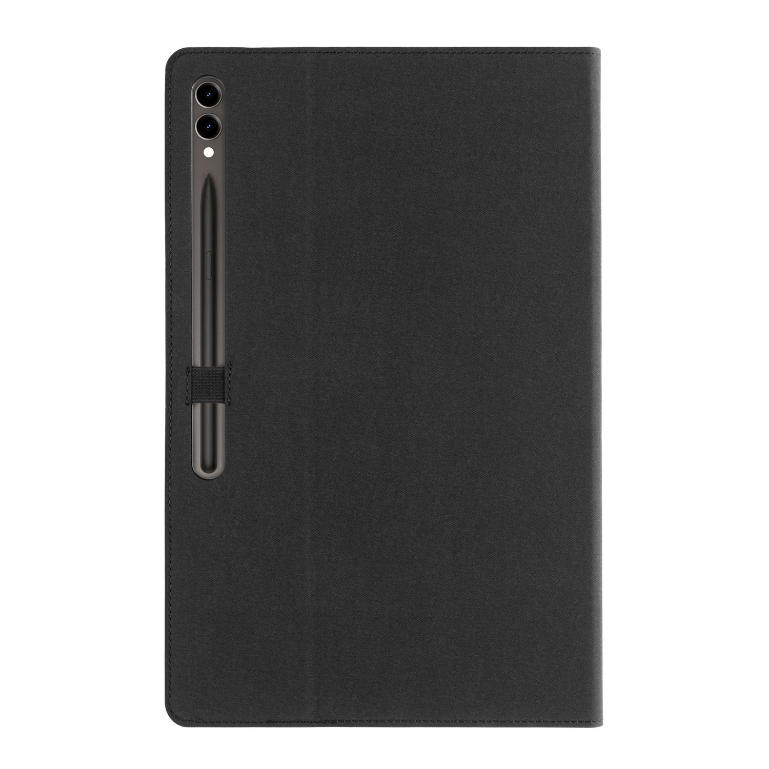 Black tablet with case and stylus. The case is closed. The stylus is attached.