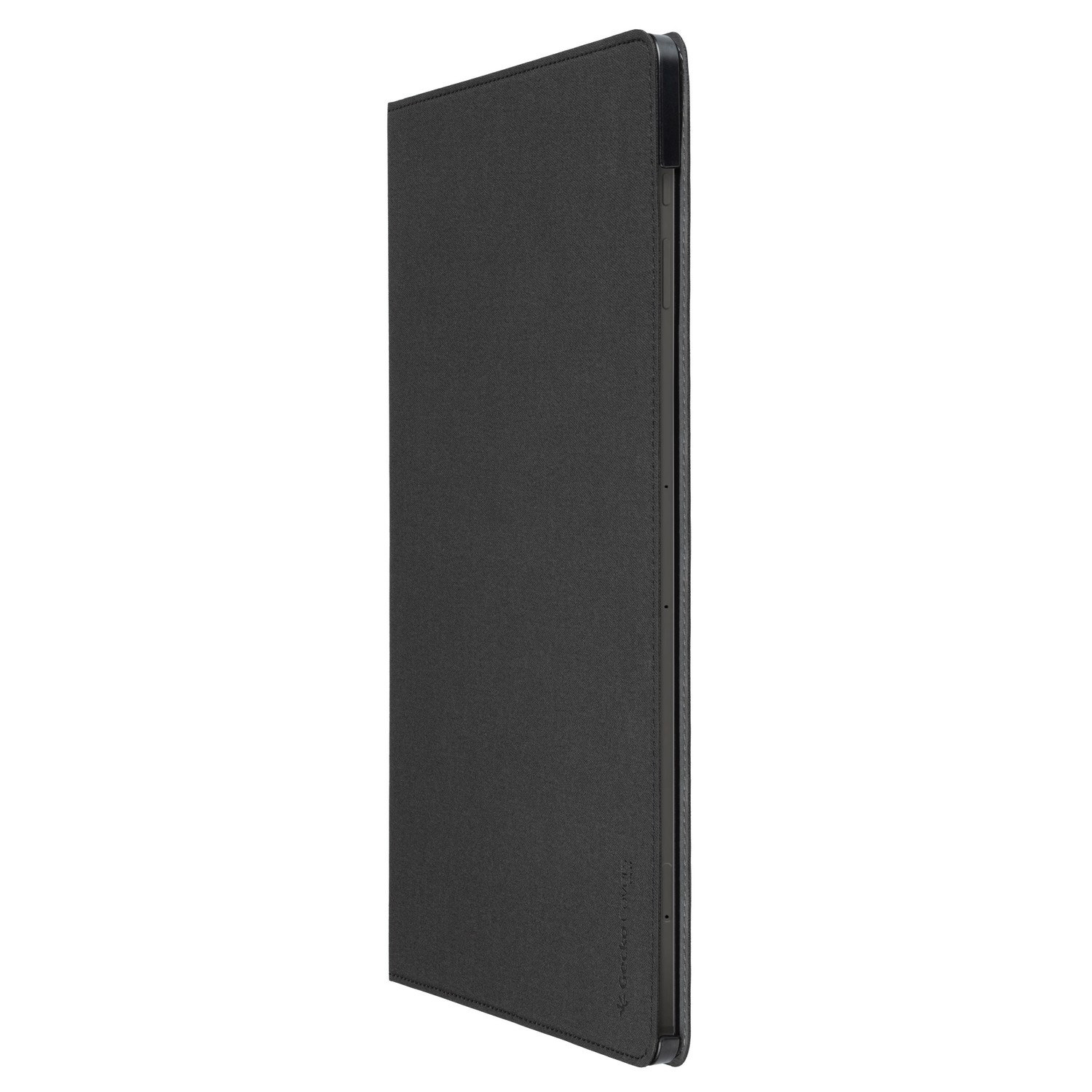 A black tablet case is shown from the side.