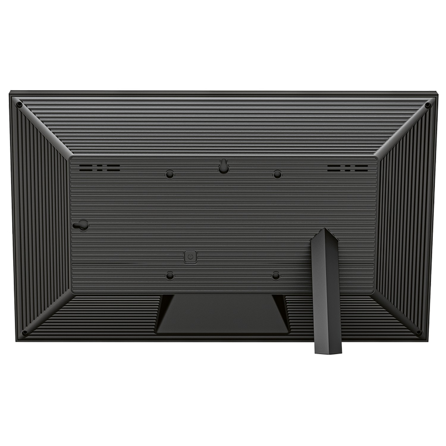 Arrière d'un moniteur d'ordinateur noir avec support. Il a des lignes et des ports à l'arrière.