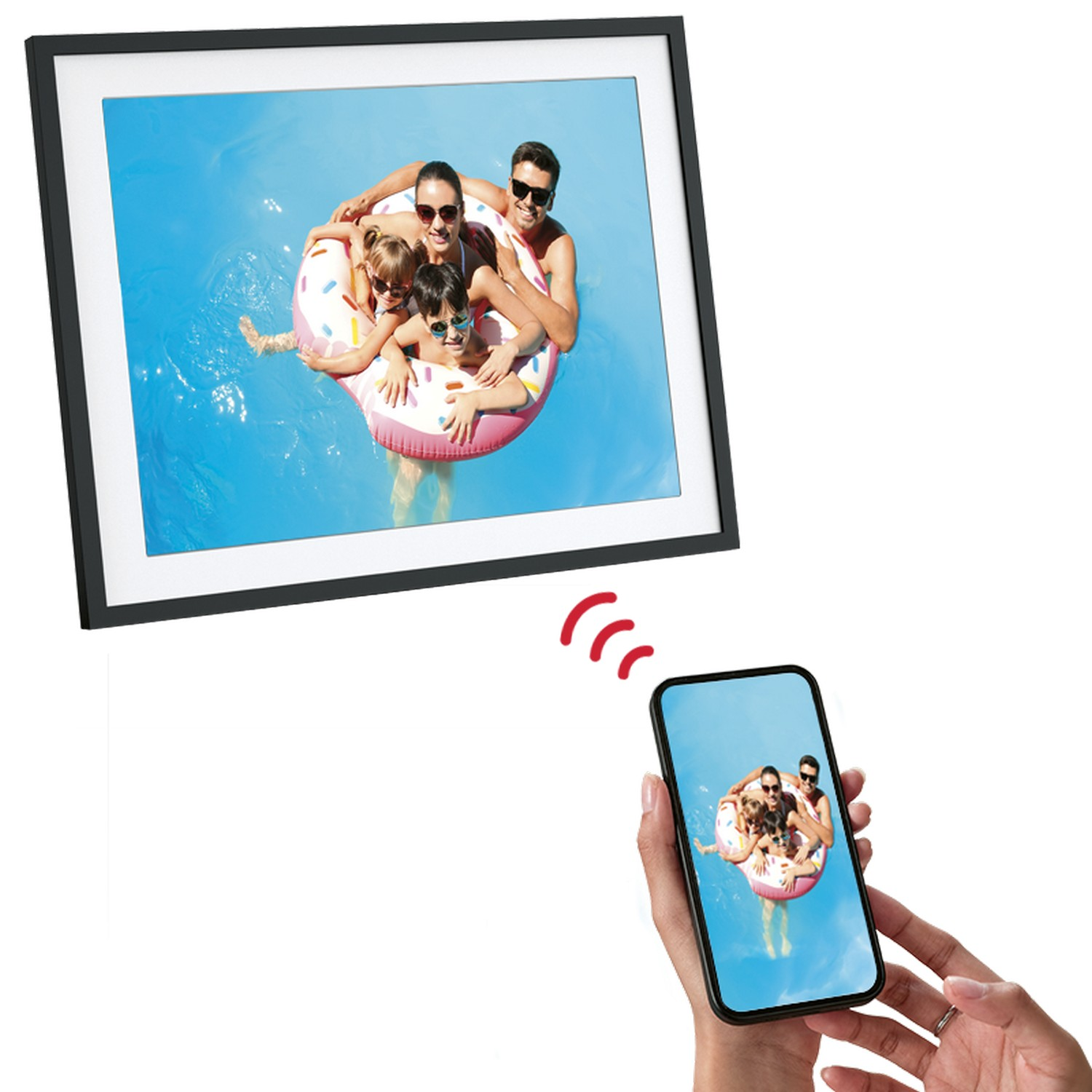 Family in pool on a floatie is displayed on a smart screen and a phone.