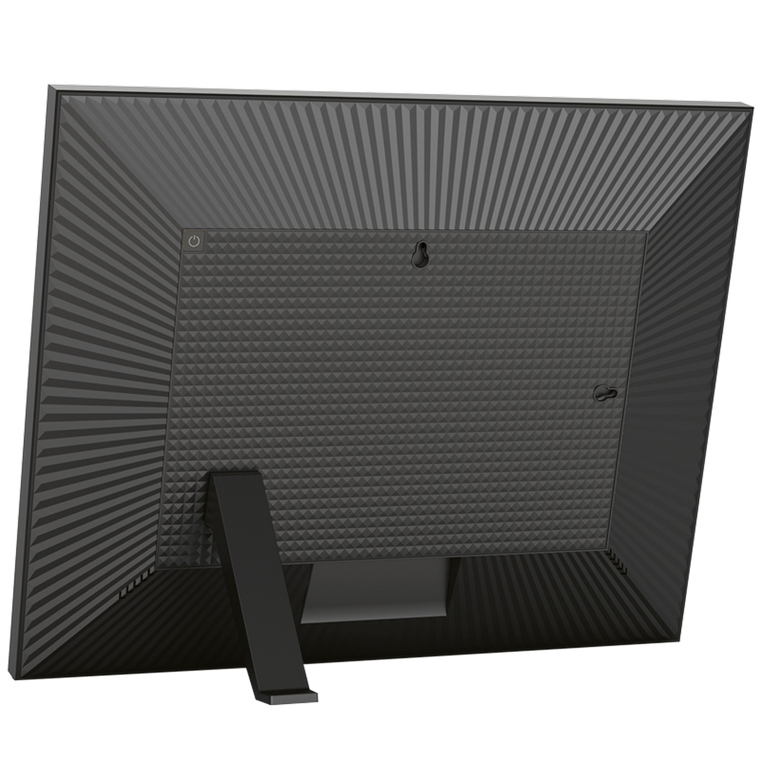 Back of a black digital photo frame. It has a power button, stand, and decorative lines.