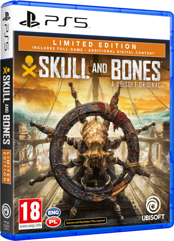 Videójáték doboz. Skull and Bones cím. PS5 logó. Kalóz témájú kép. Limited Edition felirat.