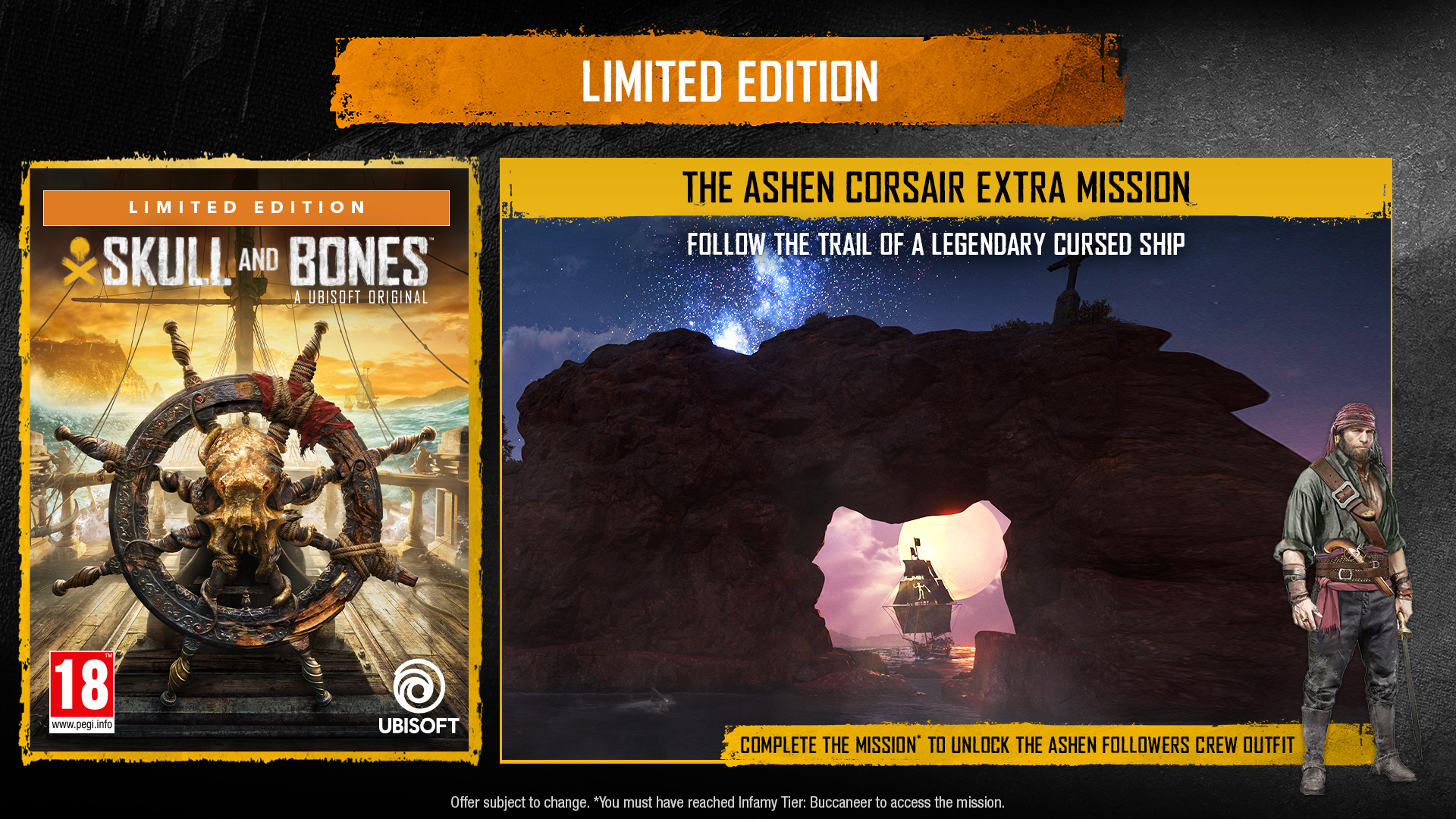 Skull and Bones játékdoboz kalóz jelenettel és Limited Edition felirattal, kalóz jobbra.