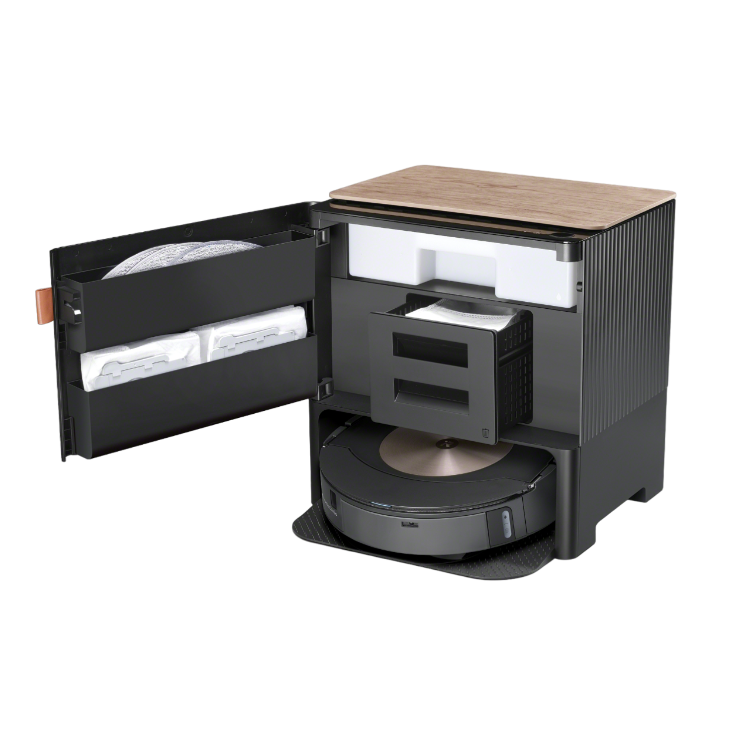 Robot vacuum cleaner in a black and woodgrain storage unit. Open door reveals accessories. Black background.