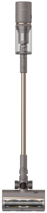 Szary, bezprzewodowy odkurzacz z długą rączką i szczotką, stojący pionowo.