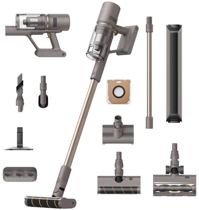 Bezprzewodowy odkurzacz z wieloma nasadkami. Szara i metaliczna kolorystyka. Ułożone części.
