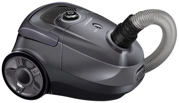 Odkurzacz w kolorze ciemnoszarym z dołączonym wężem. Odkurzacz posiada kółka.