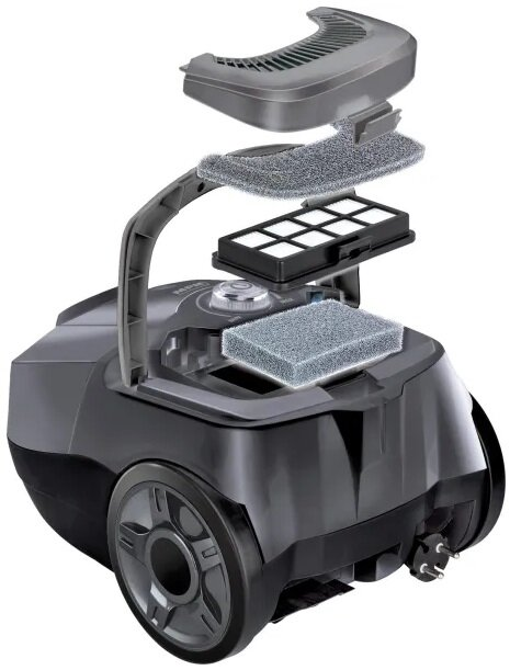 Widok rozłożonego odkurzacza: góra, filtr, filtr, korpus, koła, widoczne szczegółowe części.