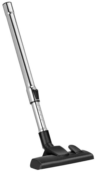 Końcówka do odkurzacza. Srebrna rura z czarną główką szczotki. Izolowana na białym.