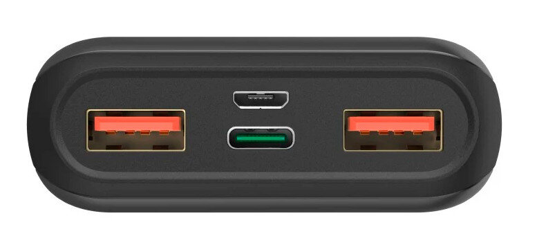 Czarny power bank z dwoma pomarańczowymi portami USB, micro-USB i zielonym portem USB-C.