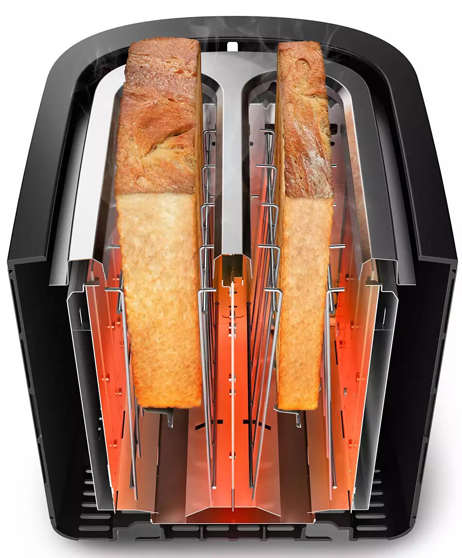 Widok od wewnątrz czarnego tostera z dwoma kromkami tostów, widoczne elementy grzejne.