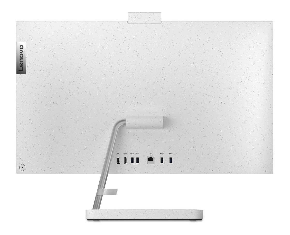 Tył białego komputera stacjonarnego Lenovo all-in-one. Pokazuje podstawę i porty.
