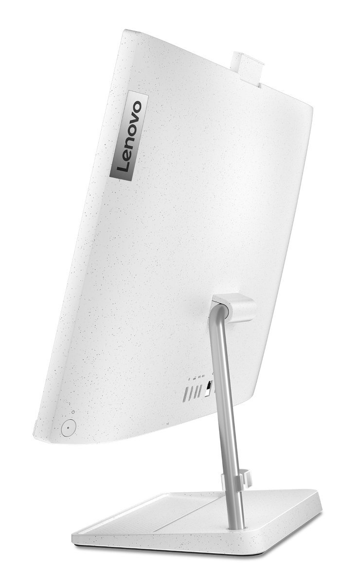 Ekran komputera Lenovo, biały ze stojakiem, widok pod kątem.