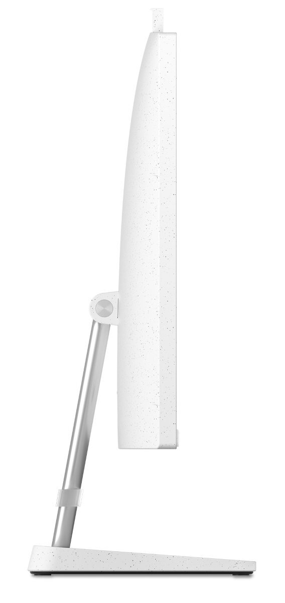 Biały monitor komputerowy, widok z boku, na jasnym tle.