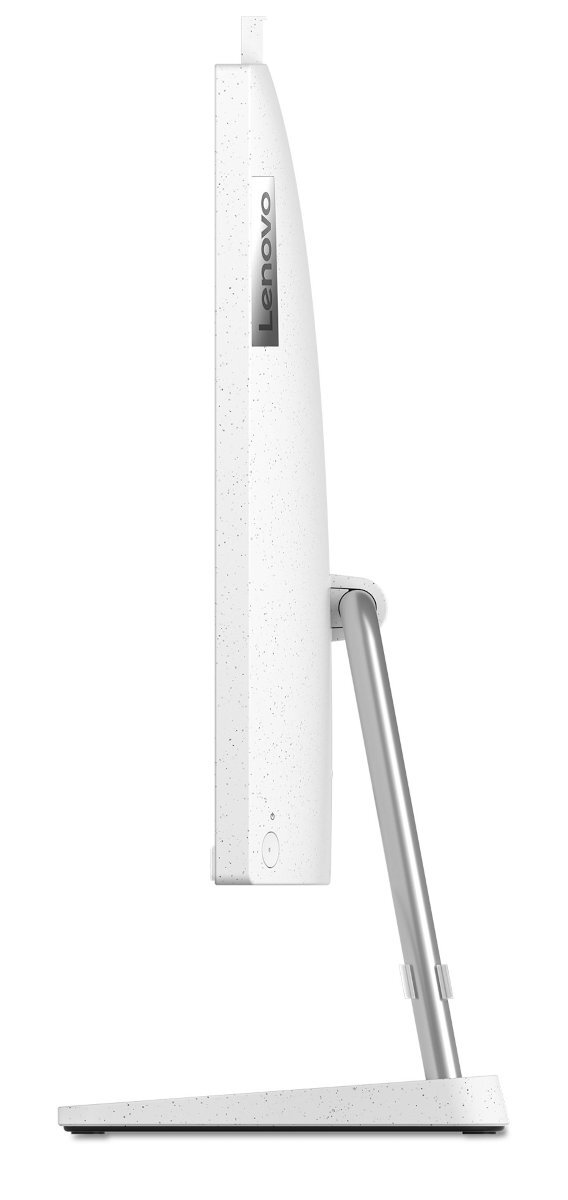 Biały monitor komputerowy Lenovo. Widok z boku, ze srebrną podstawką. Powierzchnia jest nakrapiana.