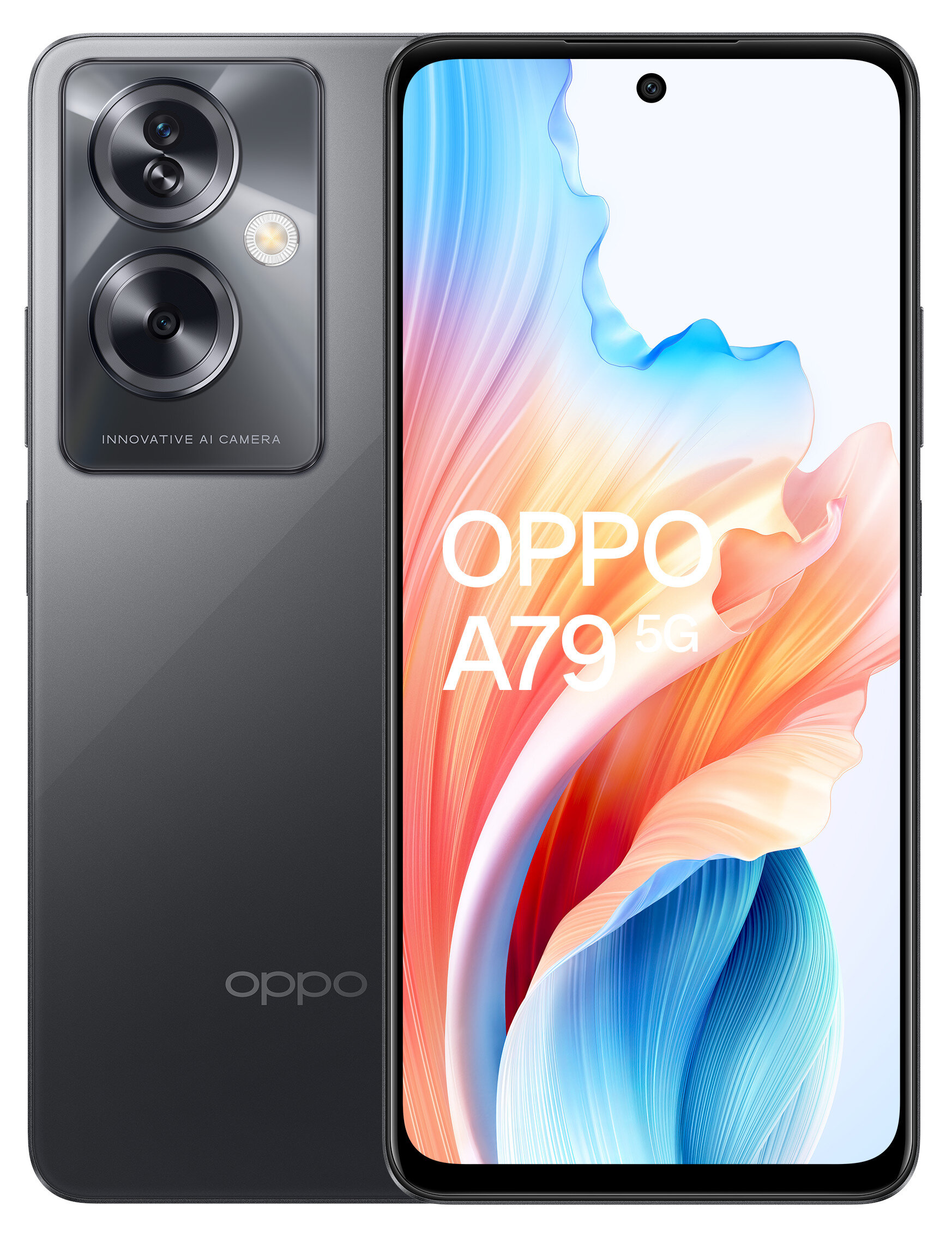 Czarny telefon Oppo A79 5G z trzema aparatami z tyłu.
