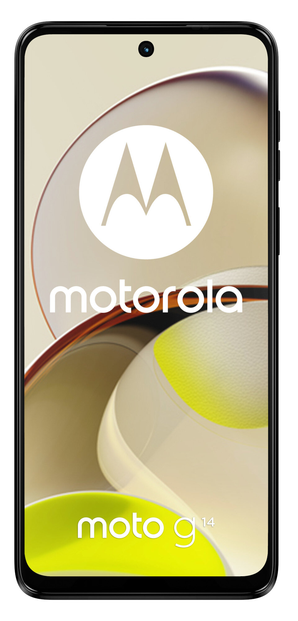 Smartfon Motorola z logo marki, modelem telefonu i jasnym tłem.