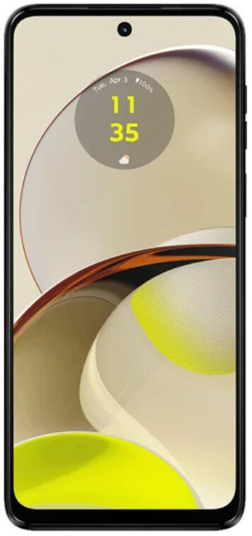 Smartfon z centralnie umieszczonym aparatem. Wyświetla czas i ma gradientowe tło.