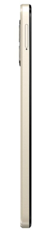 Widok z boku jasnego, złotego smartfona, pokazujący boczne przyciski i wybrzuszenie aparatu.