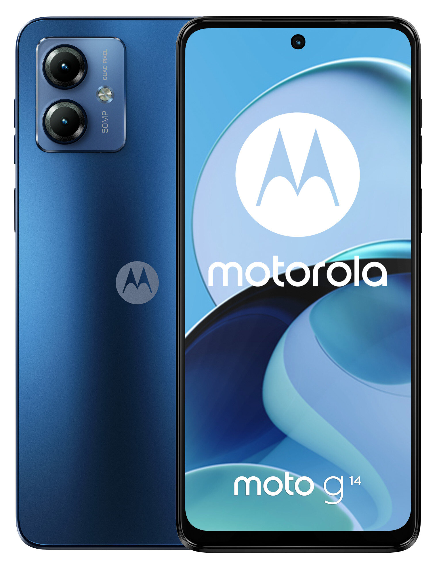 Smartfon Motorola Moto G14, w kolorze niebieskim, pokazany z przodu i z tyłu, z logo Motorola.